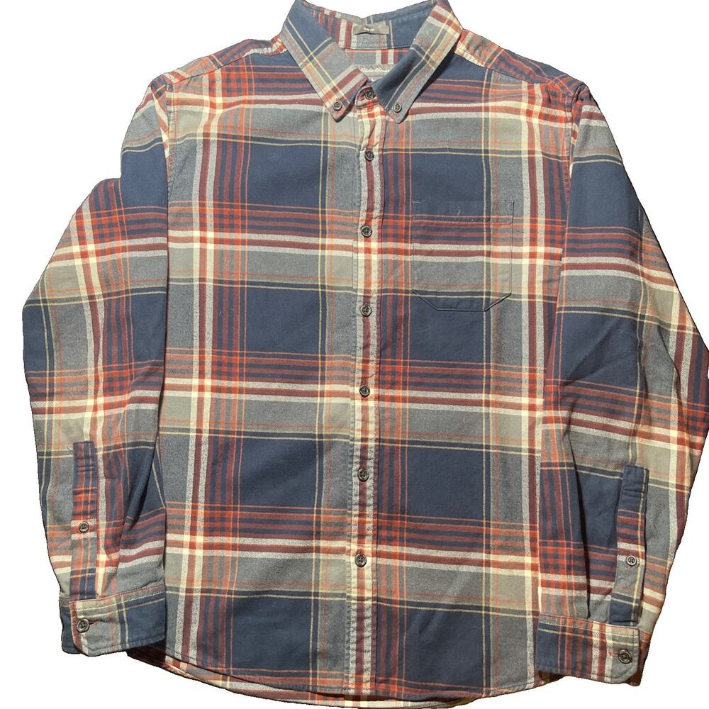 Eddie Bauer Men’s Large Plaid Flannel Shirt Red Blue Gray Long Sleeve Button Up